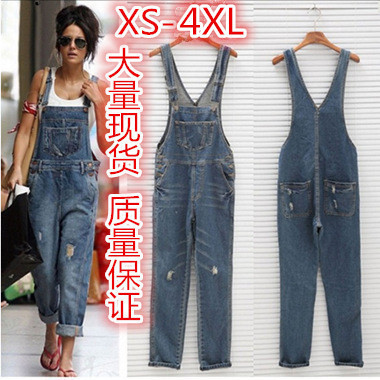 Cross-border wish AliExpress ebay Amazon European and American loose large size ripped shoulders denim jumpsuit overalls