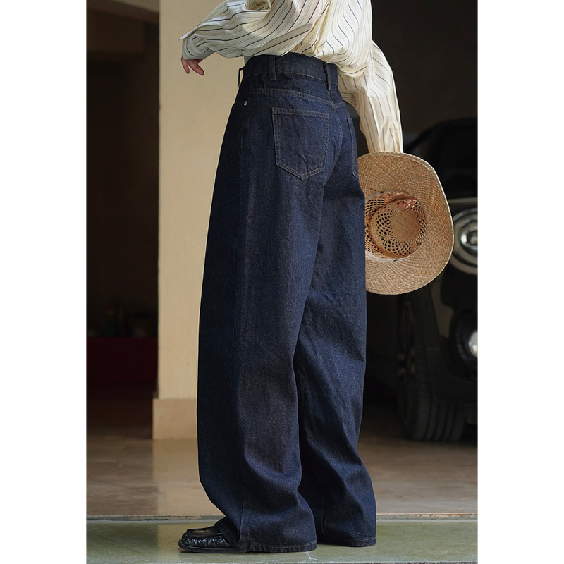 Recommended autumn new style Korean retro dark blue high-waisted wide-leg jeans slim and tall casual trousers for women