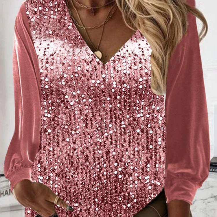 Cross-border European and American clothing foreign trade new V-neck loose shirt Amazon sequined long-sleeved women's shirt