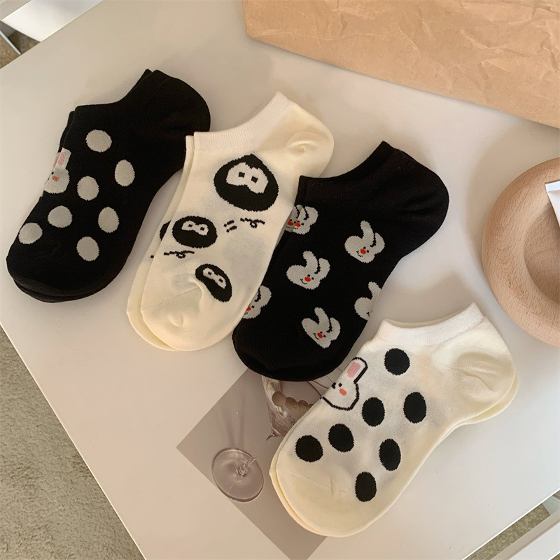 Summer socks for women, white polka dot boat socks, Japanese cartoon black and white rabbit cream socks, non-slip invisible socks