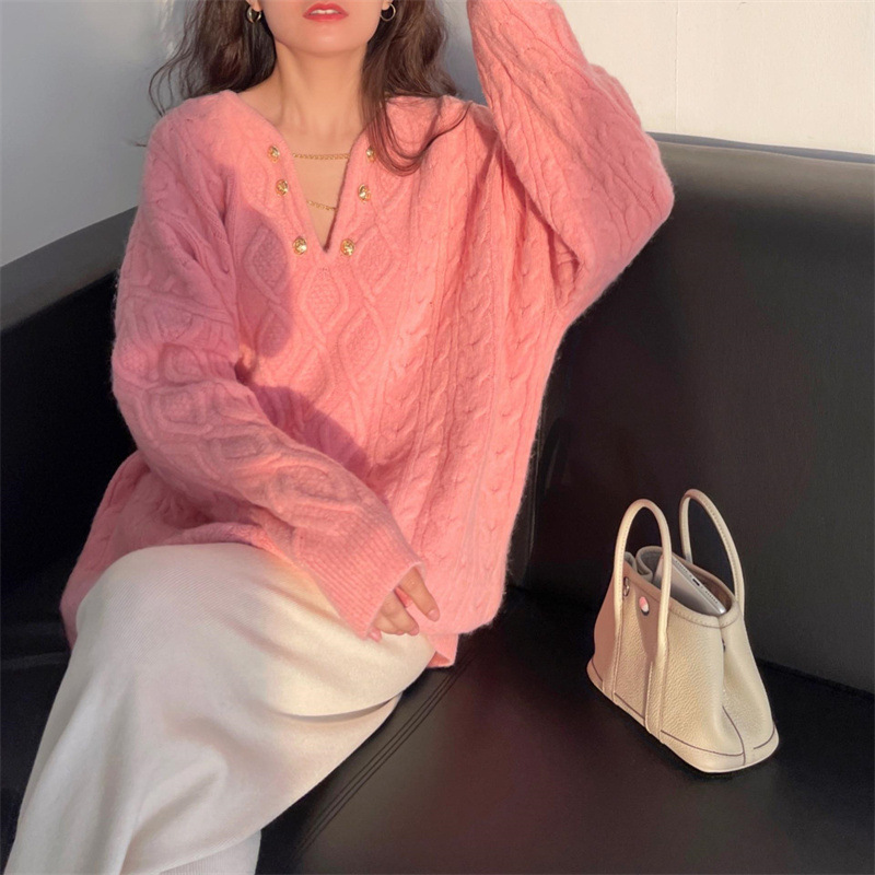 2023 new mid-length autumn and winter clothing loose lazy style gentle pullover knitted top V-neck twist sweater for women