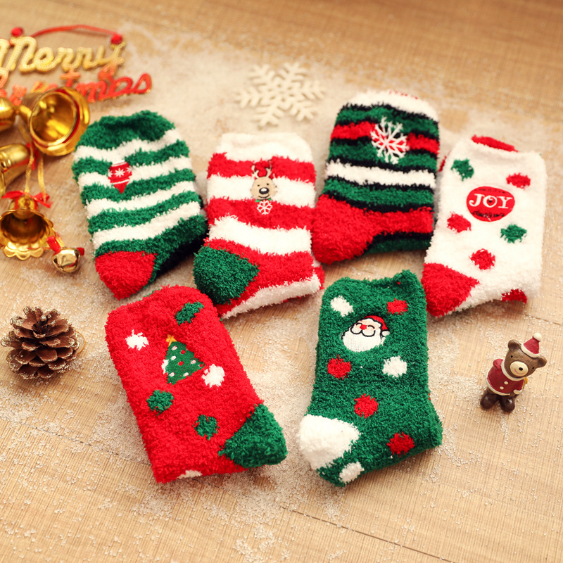 New autumn and winter Christmas socks coral velvet cartoon embroidered floor socks half velvet thickened home sleeping socks for women