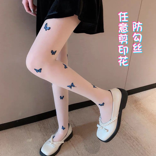 Blue Butterfly Print Any Cut Stockings Spring and Summer Fresh Fairy Style Thin Bottoming Anti-Snatch Pineapple Silk Socks