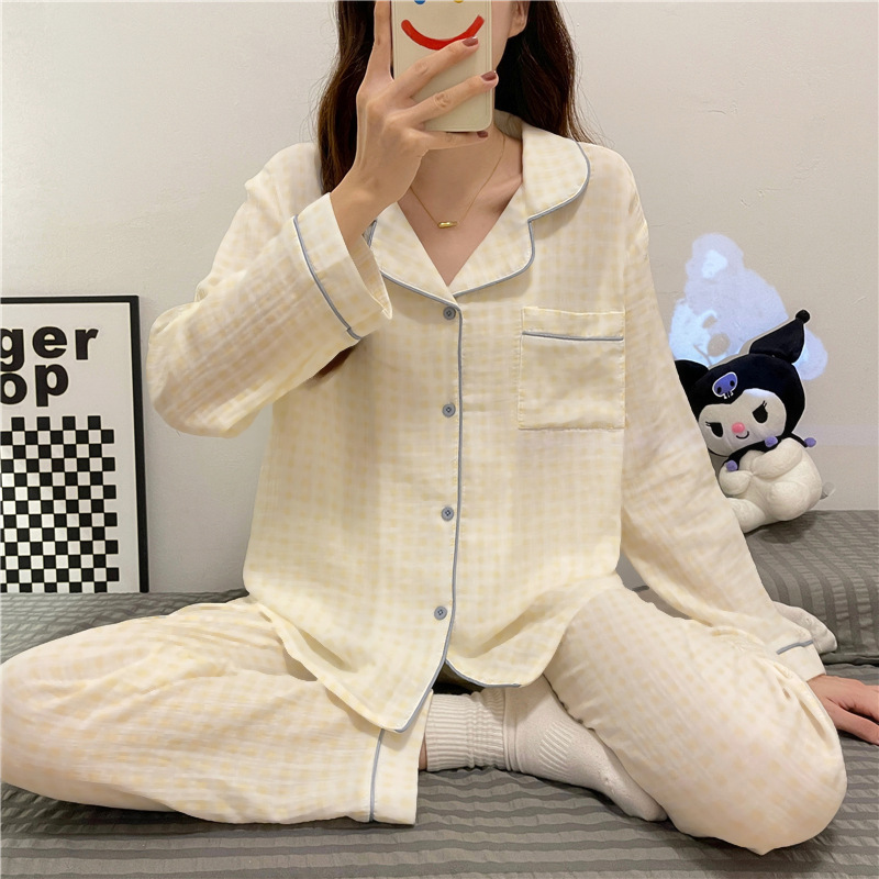 Japanese yellow plaid milk fufu long-sleeved trousers suit pajamas women's autumn home clothes autumn spring autumn