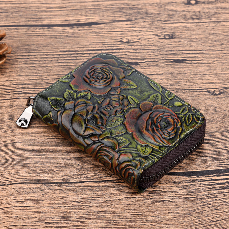 Hand-painted genuine leather card bag, accordion card bag, zipper card bag, multiple card slots, first-layer cowhide leather coin purse