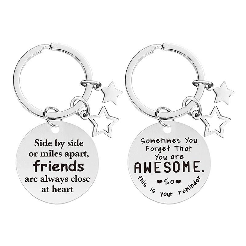 Metal keychain European and American cross-border five-pointed star for good friends and sisters inspirational engraved birthday gift keychain