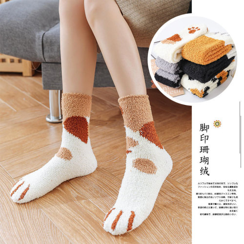 Autumn and winter warm and thick cat paw print coral velvet socks women's towel floor socks mid-calf cat paw sleep socks wholesale