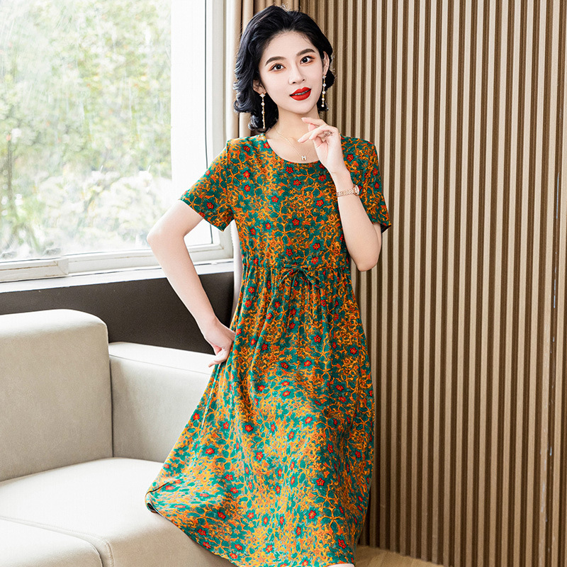 New temperament and young style cotton silk dress for women summer floral mother slim artificial cotton skirt for outer wear