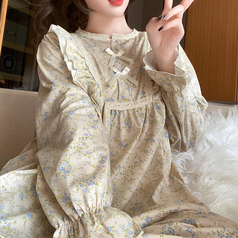 Sweet ruffled bow floral pajamas for women spring and autumn new long-sleeved trousers girl home wear two-piece suit