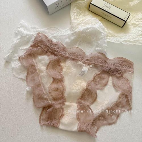 Japanese slit seamless sexy lace panties women's pure cotton thin hollow transparent mesh briefs