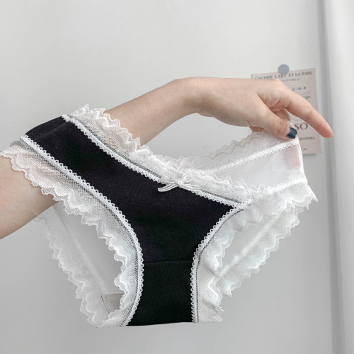 Japanese lace trap underwear women's low-waist sexy cross contrasting mesh breathable pure cotton crotch seamless briefs