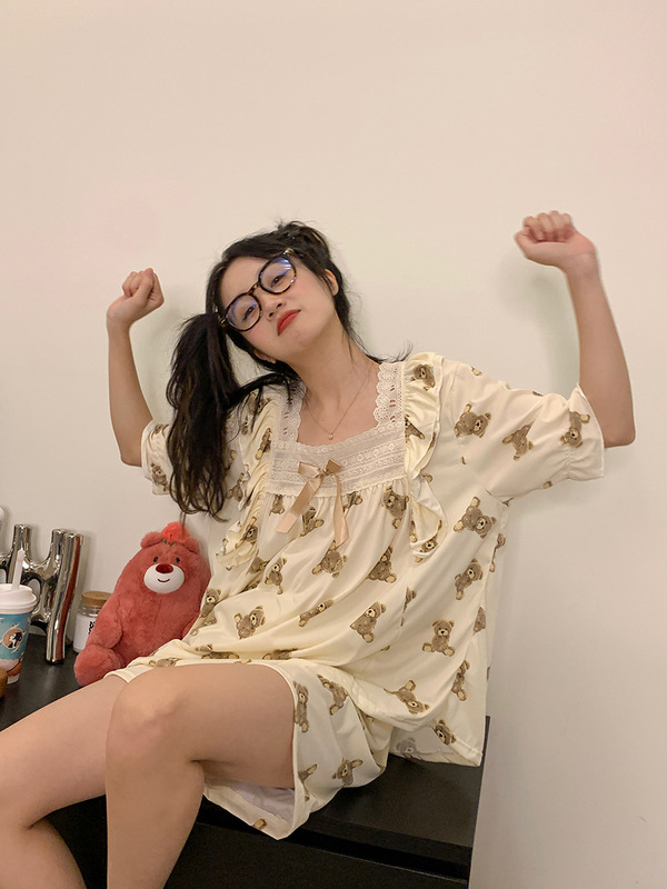 Summer new sweet and cute bear pajamas for women summer lace sweet home clothes summer two-piece set summer style