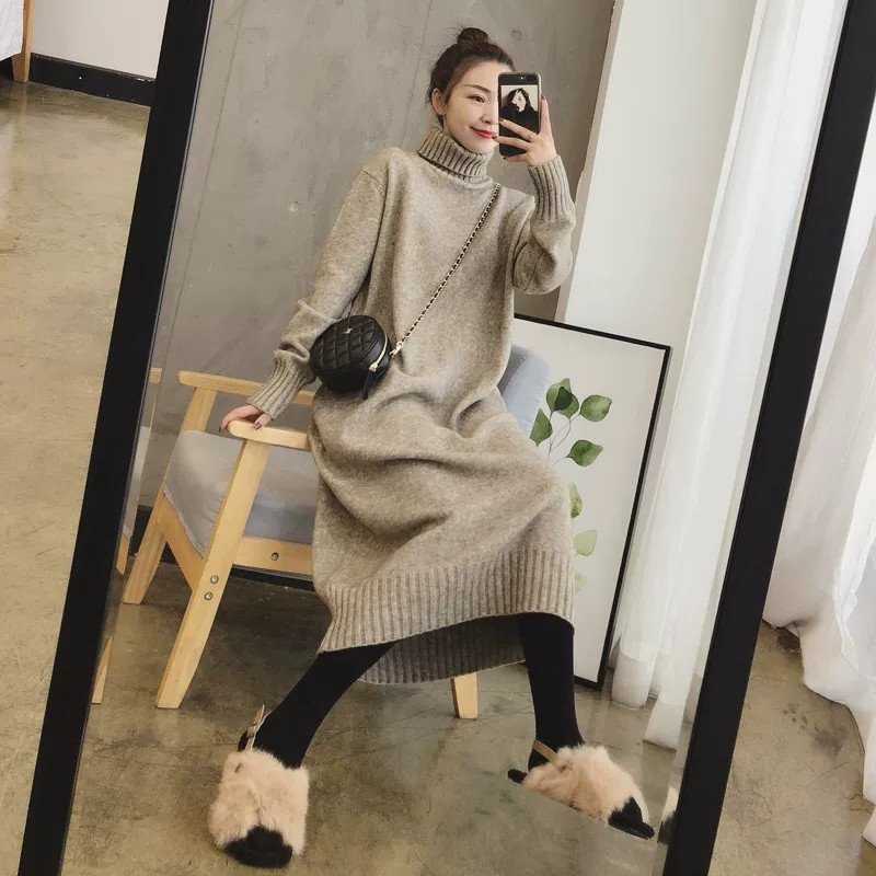 Sweater 2022 spring and autumn new style loose thickened turtleneck pullover with bottoming skirt mid-length over-the-knee sweater