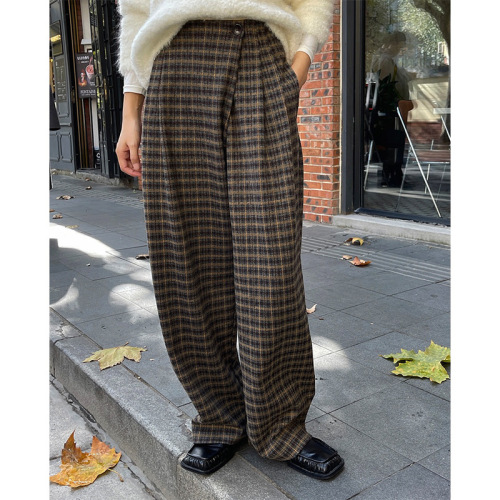 Winter new Korean retro plaid design slanted placket high-waisted wide-leg pants loose casual woolen trousers for women