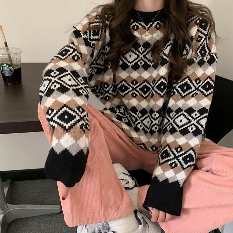 Japanese vintage Christmas sweater for women autumn and winter 2023 new retro loose lazy style outer wear pullover sweater