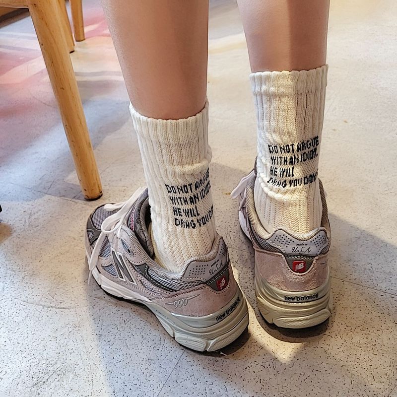 New white socks autumn and winter heel letter long sports socks black thick line men's mid-calf trendy socks cotton
