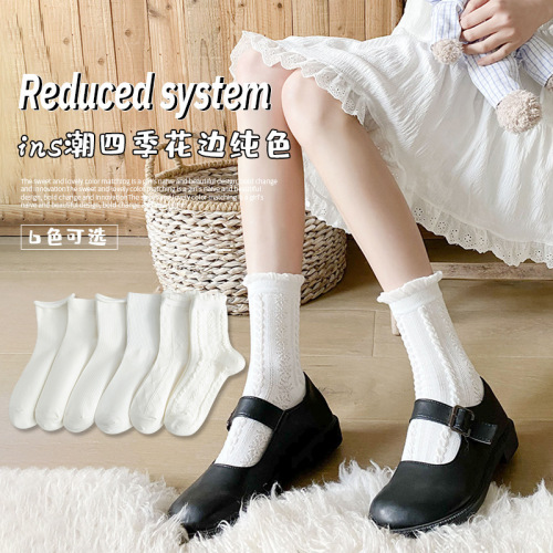 Summer women's cotton socks, college style JK student socks, curled mid-calf socks, cute white Japanese uniform socks