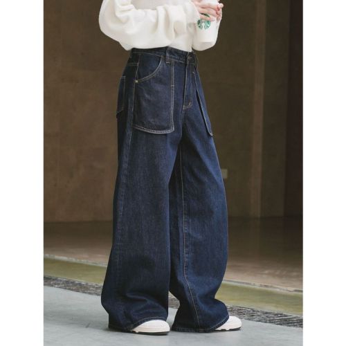 Winter new Korean style simple style loose-leaf large patch pocket jeans loose wide legs crisp practical casual trousers for women