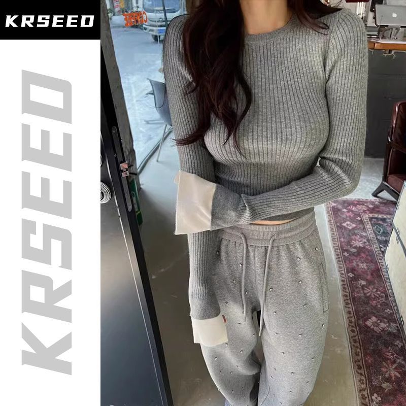 Gray cuffs spliced ​​soft waxy knitted bottoming shirt for women in autumn and winter slimming inner layering tops
