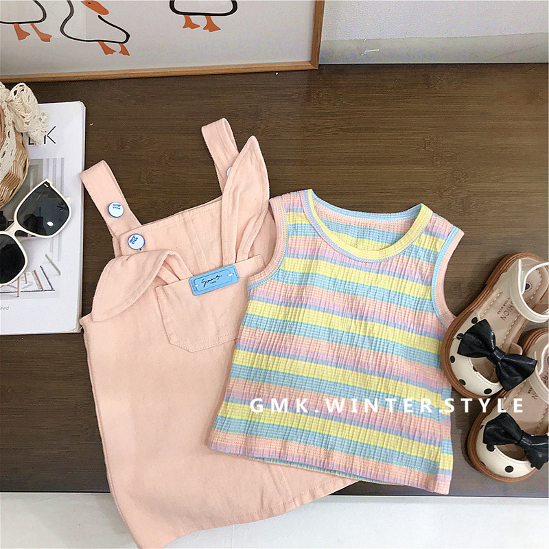 Girls suspender skirt summer suit 2023 new children's style suspender skirt two-piece set baby bunny skirt