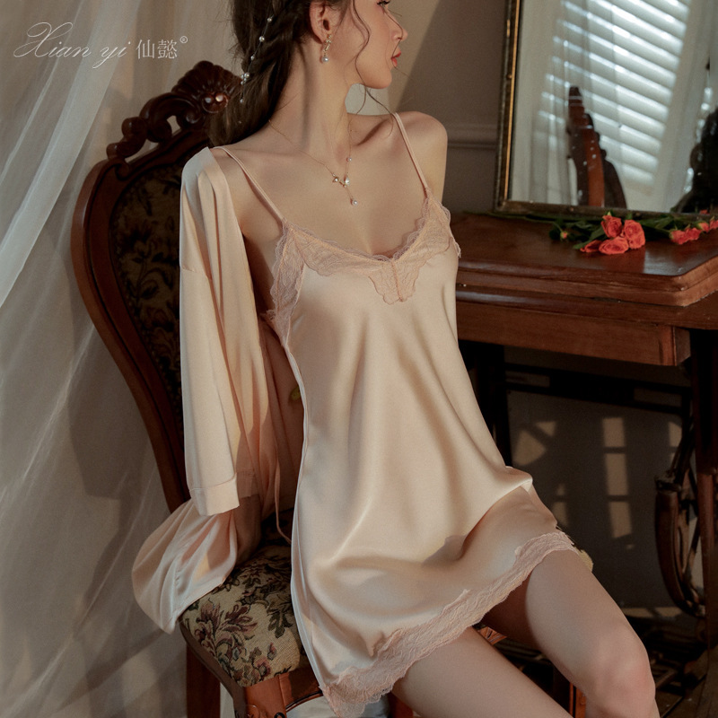 Xianyi sexy deep V lace temptation pajamas ice silk short-sleeved large size pure desire suspender nightgown women's home wear 470