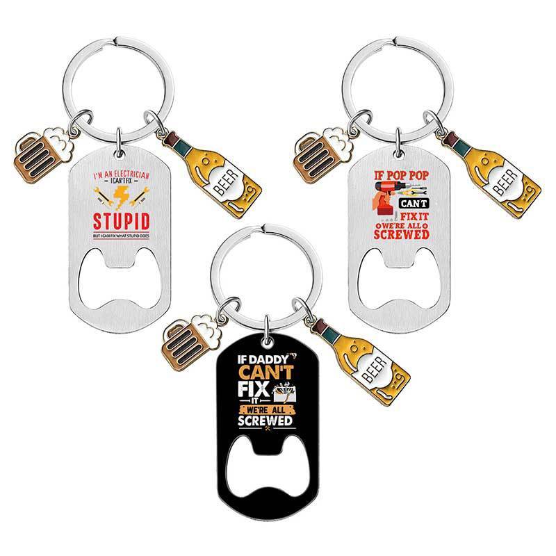 Color printed keychain wholesale cross-border stainless steel bottle opener wine glass Father's Day gift metal keychain