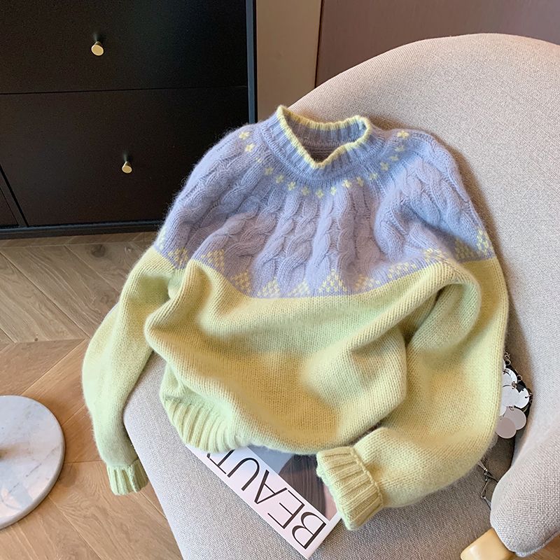 Contrast color splicing round neck soft waxy sweater for women autumn 2023 design lazy and gentle Korean style versatile pullover sweater