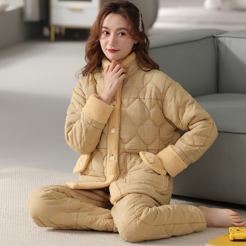 Pajamas for women, pure cotton outer, velvet inner, thickened three-layer quilted large size middle-aged suit, winter home clothes factory