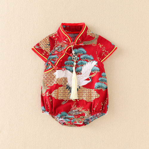 Baby summer dress Chinese style cheongsam baby girl retro crane pine short-sleeved fart coat newborn triangle jumpsuit