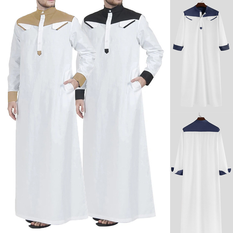 2023 Autumn and Winter New European and American Muslim Men's Middle Eastern Loose Stand Collar Contrast Color Long Sleeve Ethnic Style One-piece Robe