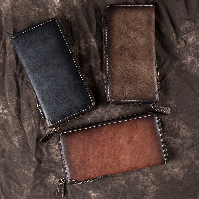 New retro men's wallet long zipper genuine leather clutch multifunctional European and American cowhide young men's wallet