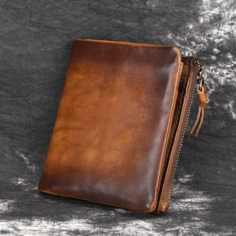 Cowhide retro double zipper men's wallet Genuine leather retro first layer cowhide men's bag casual coin purse wholesale