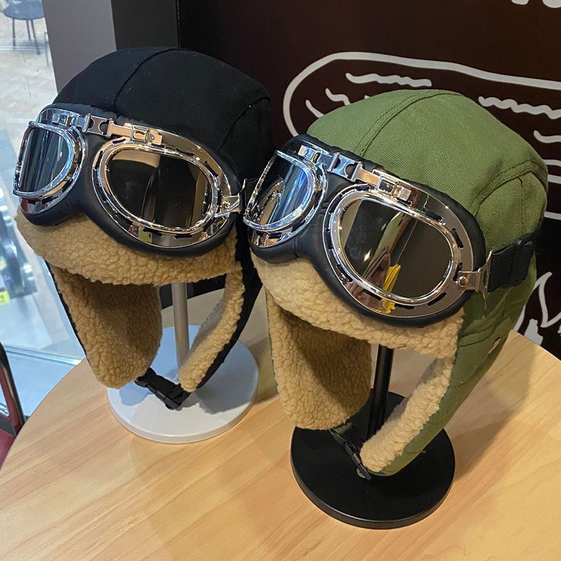 Pilot hats for men and women in winter Korean version ins thickened and warm cycling ear protection cold wind glasses cotton Lei Feng hat