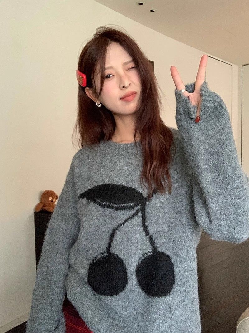 Bang Bang Cherry 2024 fluffy wooly jacquard sweater for women winter loose pullover sweater top