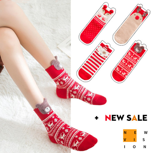 Autumn and winter red socks, ladies cartoon mid-calf Christmas socks, cotton women's socks, cute Japanese straight socks