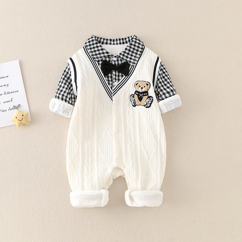Newborn spring and autumn baby boy's college style cute bear fake two-piece onesie baby British style crawl suit