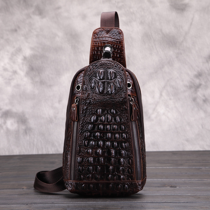 Chest bag, first-layer cowhide, crazy horse leather, crocodile pattern men's bag, oiled wax leather men's casual crossbody trendy bag