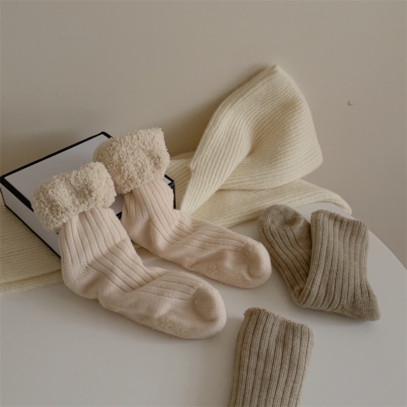 Autumn and winter solid color coral velvet double-needle cream home loose mouth confinement socks anti-slip thickened sleep floor socks