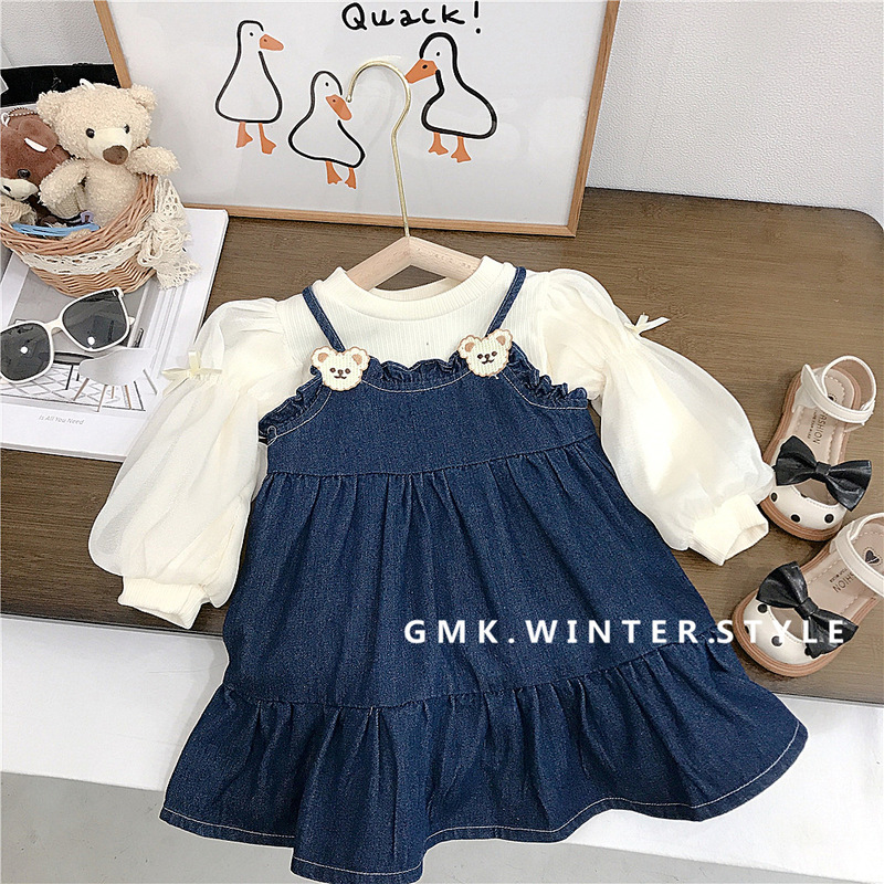 Girls skirt suit spring and autumn new style baby girl autumn clothing fashionable puff sleeves denim suspenders two-piece set cross-border