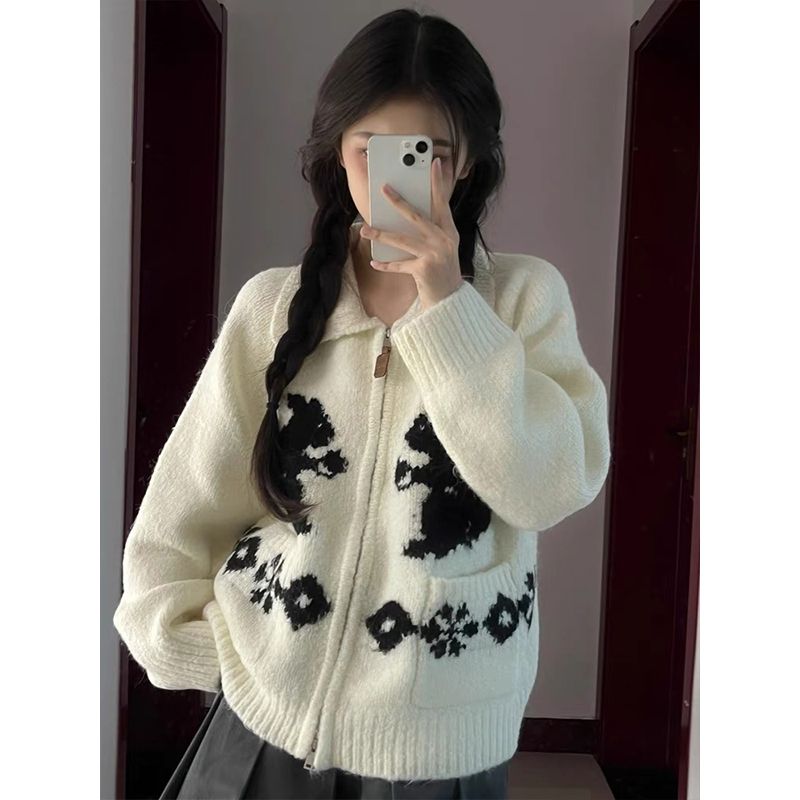 White soft waxy polo collar sweater cardigan coat for women autumn and winter thickened high-end loose breast fufu knitted top