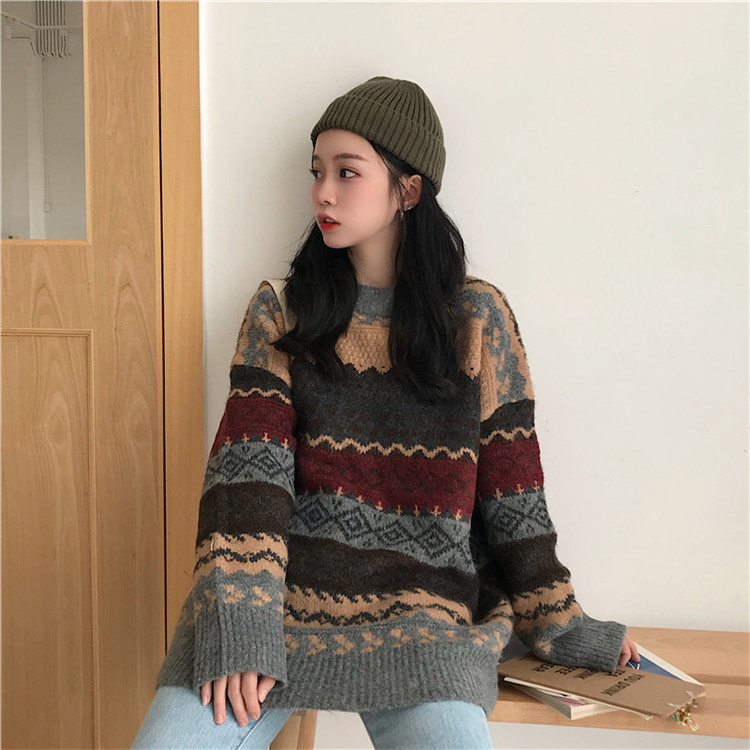 2022 New Women's Clothing Autumn and Winter Korean Style Loose Fashion Student Jacquard Diamond Round Neck Pullover Long Sleeve Sweater for Women