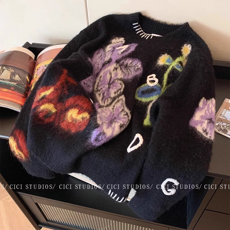 Designed contrasting jacquard round neck sweater for women autumn and winter 2023 new casual loose lazy style soft waxy sweater