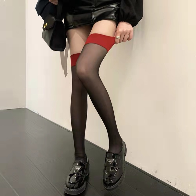 Red edge stockings red spliced ​​high stockings women's over-the-knee thigh stockings ultra-thin sexy black stockings