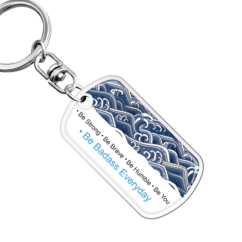 Key chain new European and American cross-border color printing Epoxy wave inspirational phrase Christmas gift metal key chain