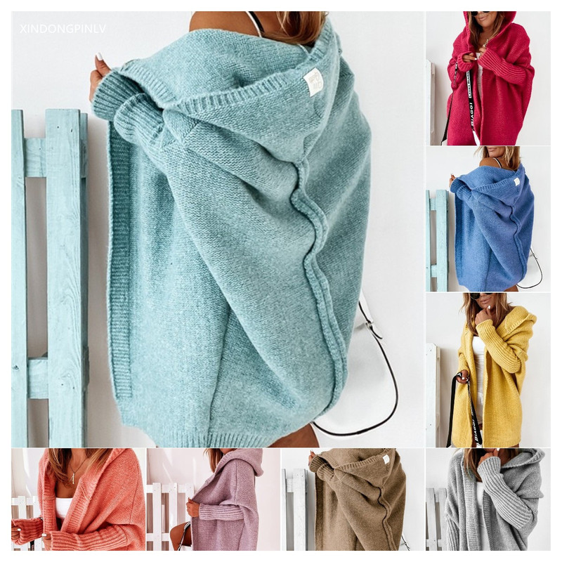 2023 new hooded sweater hood collar temperament commuting bat-shaped soft loose back spliced ​​sweater sweater