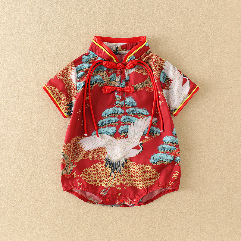 Baby summer jumpsuit thin Chinese style western style triangle harem baby girl retro style cheongsam bag fart jacket summer