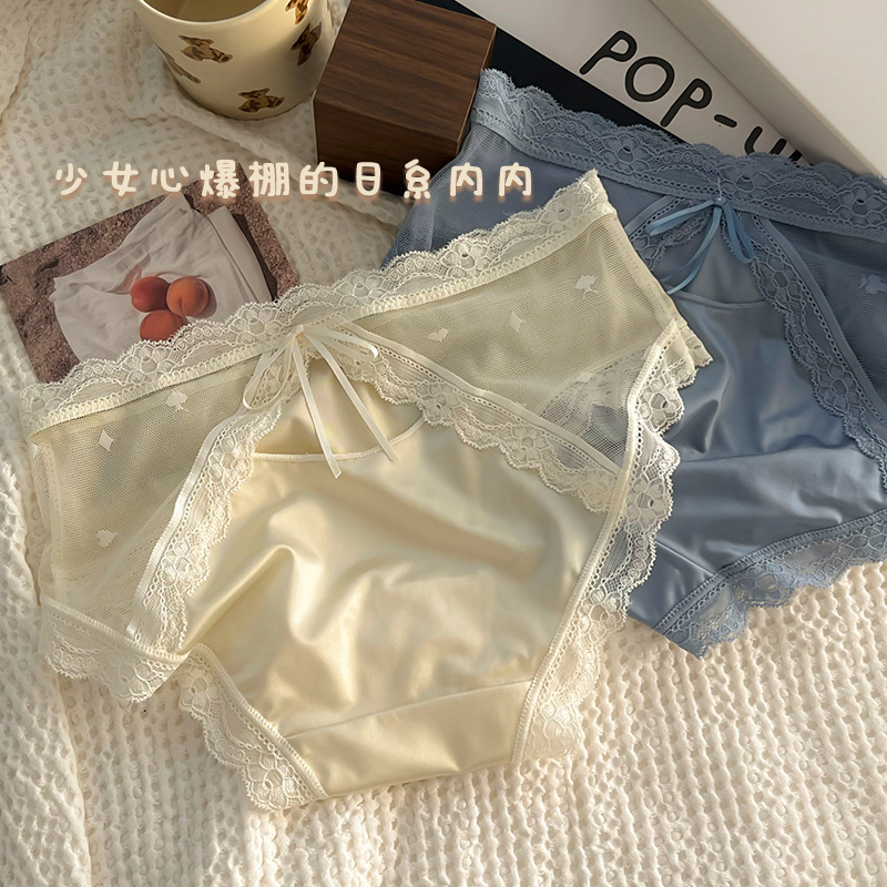 Japanese sexy satin lace underwear for women low-waisted hollow pure desire breathable cotton comfortable briefs for girls