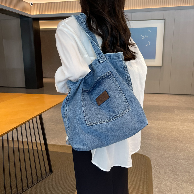 Korean style literary daily casual denim canvas bag large capacity fashion handbag shoulder bag washed cloth tote bag