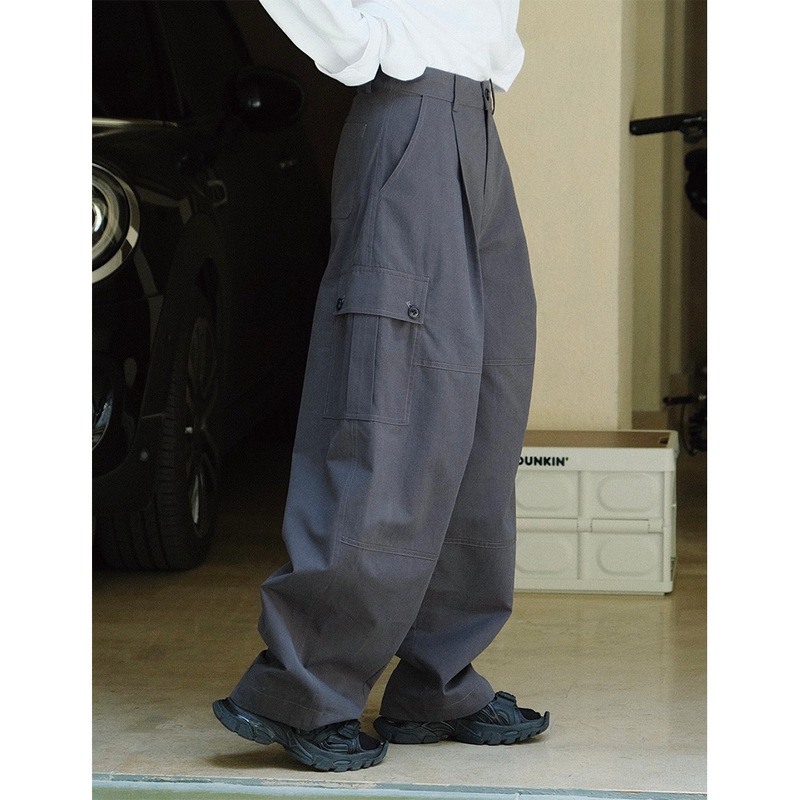 Early autumn American retro style workwear style large pocket casual pants new high waist wide leg loose slimming trousers for women
