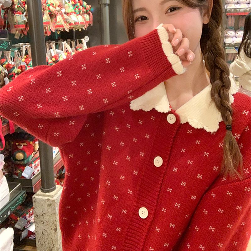 Baby doll collar contrasting color crochet sweater jacket sweet and cute New Year's shirt sweater cardigan versatile soft waxy top